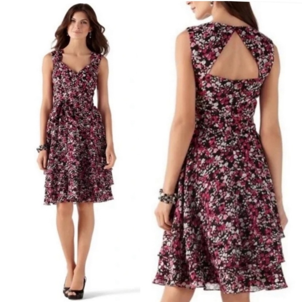 EUC White House Black Market Black/Pink Floral Dress, size 8.